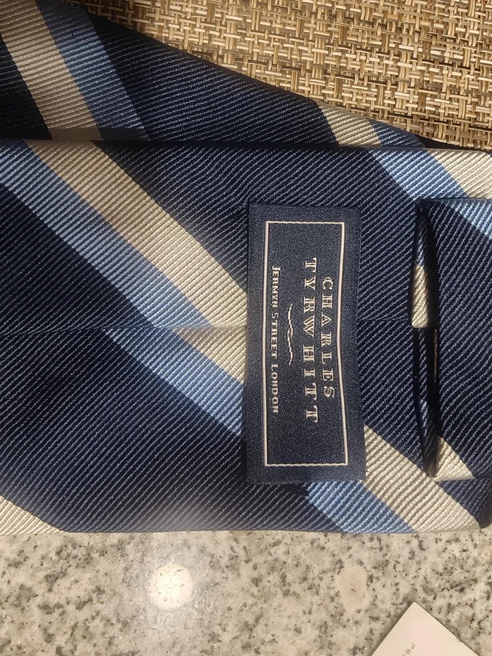Charles Tyrwhitt Navy Blue Tie with Light Blue and White Diagonal Stripes